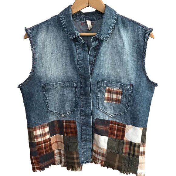 Sleeveless Patchwork Denim Shirt, Small: Upcycled Plaid Artsy Top with Fringe - Picture 1 of 10